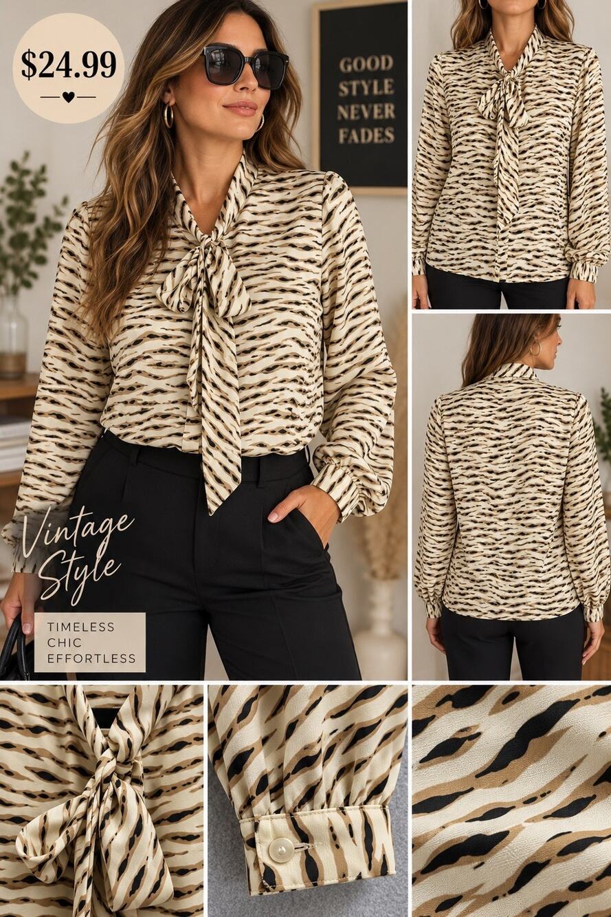 Vintage Animal Print Tie Bow Blouse Women’s M Tie Neck Long Sleeve Secretary